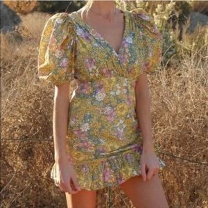 Anthropologie x RAHI Petra Retro Floral Faux Wrap Puff Sleeve Mini Dress size XL